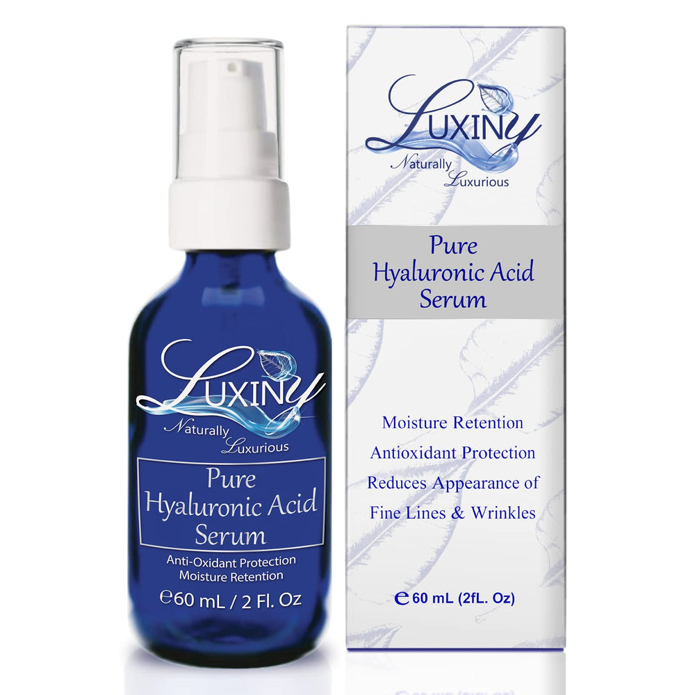 Luxiny Pure Hyaluronic Acid Serum bottle shows hydration and healthy glow.