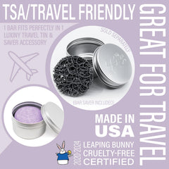 Luxiny shampoo bar in travel case shows TSA-friendly size