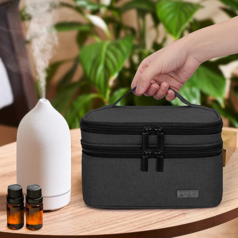 LUXJA case fits up to 30 bottles and roller bottles up to 3.5 inches tall.