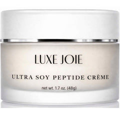 LuxJoie Ultra Soy Peptide Cream bottle close-up, non-sticky hydration for dry skin.