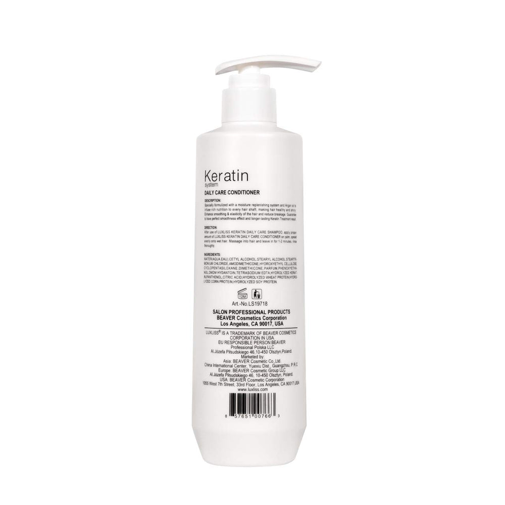 Luxliss Keratin Daily Care label featuring Brazilian keratin treatment benefits.
