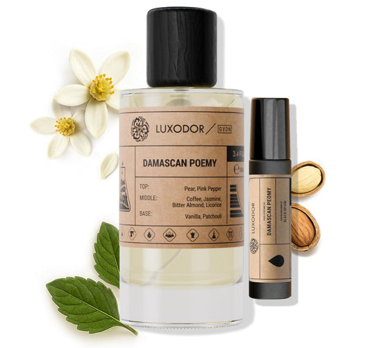 Luxodor Damascus Poemy bottle highlights pear and pink pepper for fresh daytime allure.