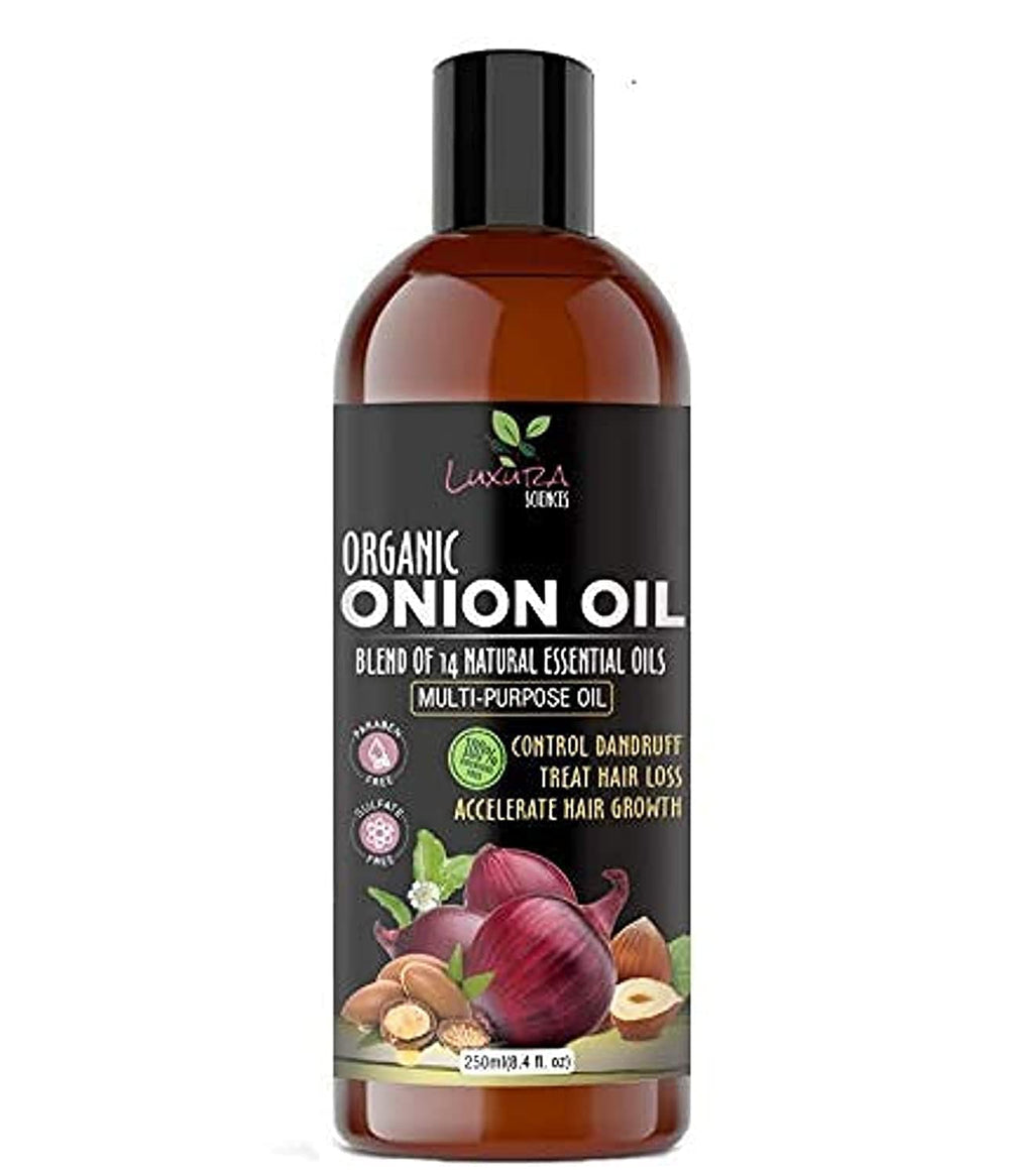 Luxura Sciences Onion Oil bottle highlights potent scalp nourishment.