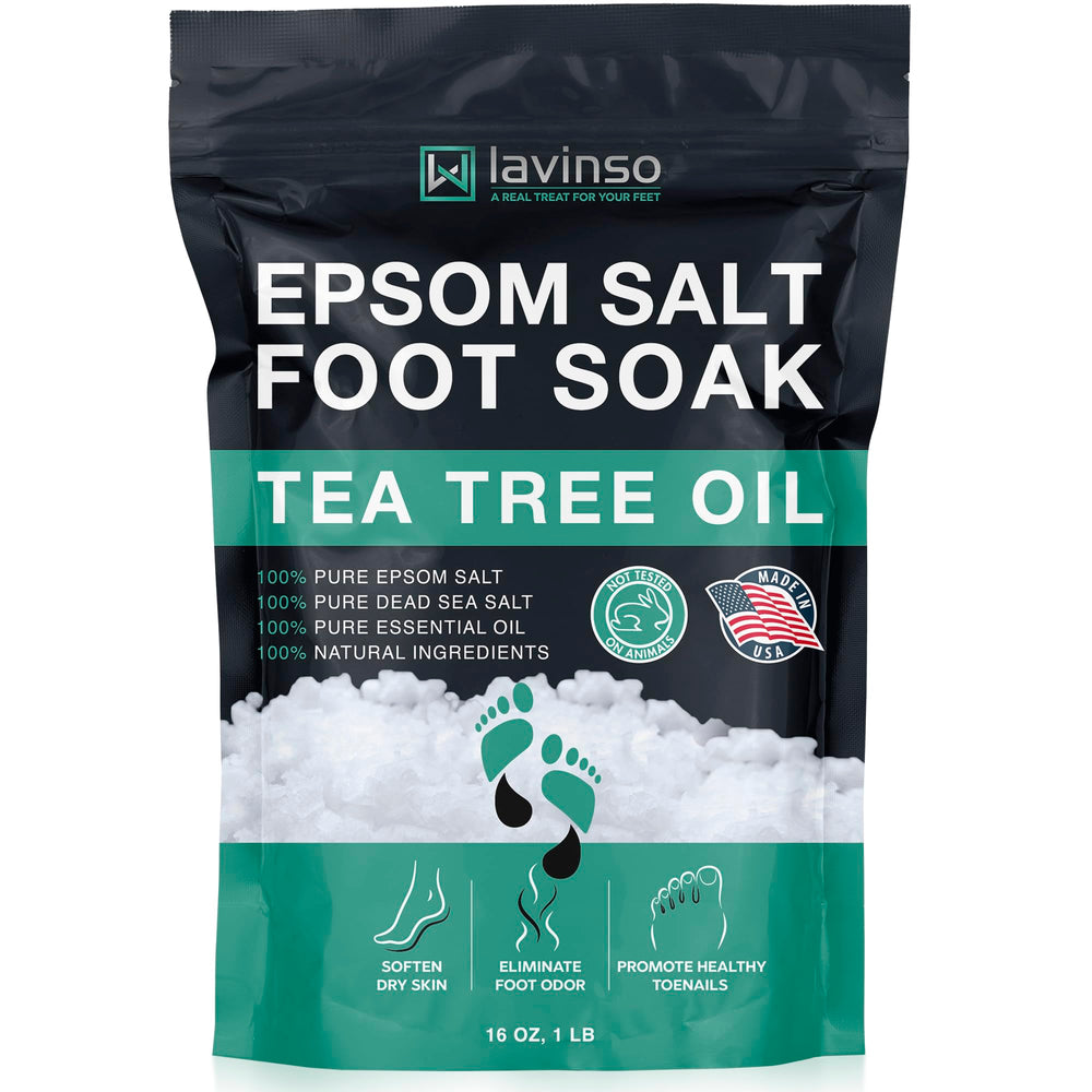LV LAVINSO Tea Tree Foot Soak bottle ready for a refreshing soak