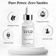 LVLD Skin Timeless Serum antioxidant trio of vitamin C, E, and ferulic acid protects against environmental stressors.