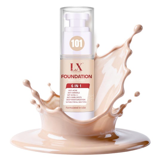 LXSKN 6-in-1 foundation bottle with matte finish for a radiant look