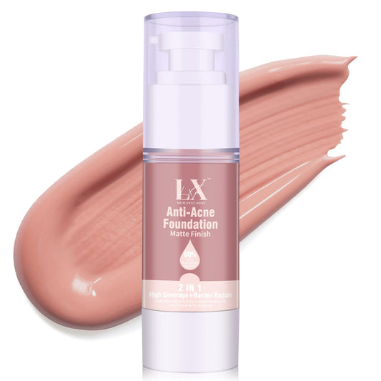 LXSKN Acne-serum Foundation bottle close-up highlighting long-wear coverage
