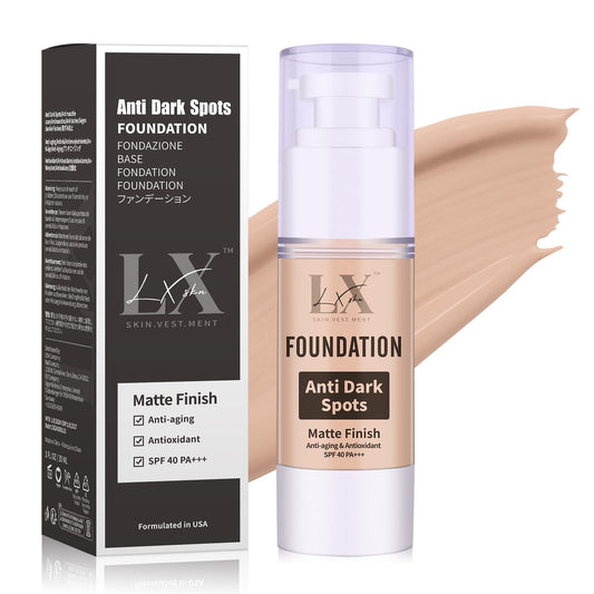 LXSKN anti-dark-spot foundation bottle in sleek packaging for daily coverage with skincare benefits.