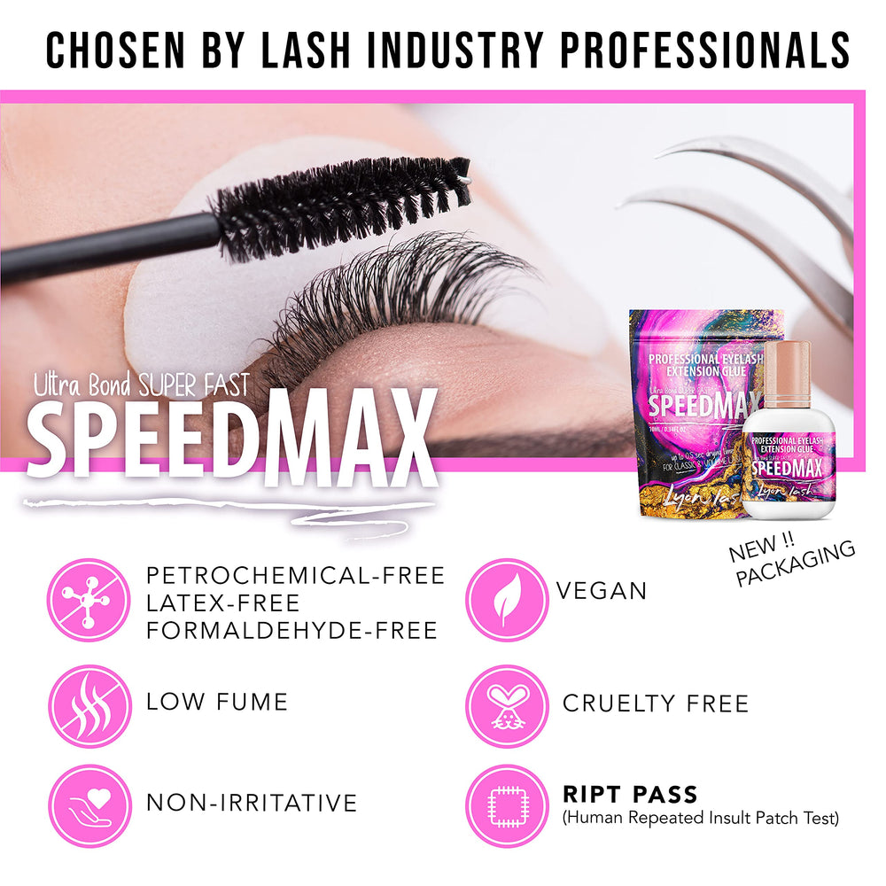 Lyon Lash SPEEDMAX black adhesive showcases professional-grade gel for lash technicians.