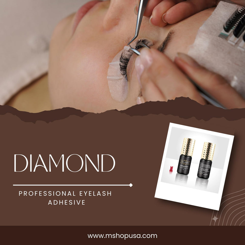 Red glue needle and bottle of M LASH Diamond Premium Lash Glue ready for application.