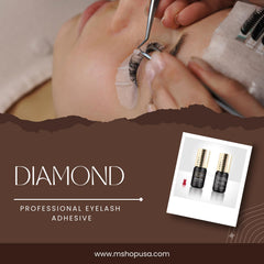 Red glue needle and bottle of M LASH Diamond Premium Lash Glue ready for application.
