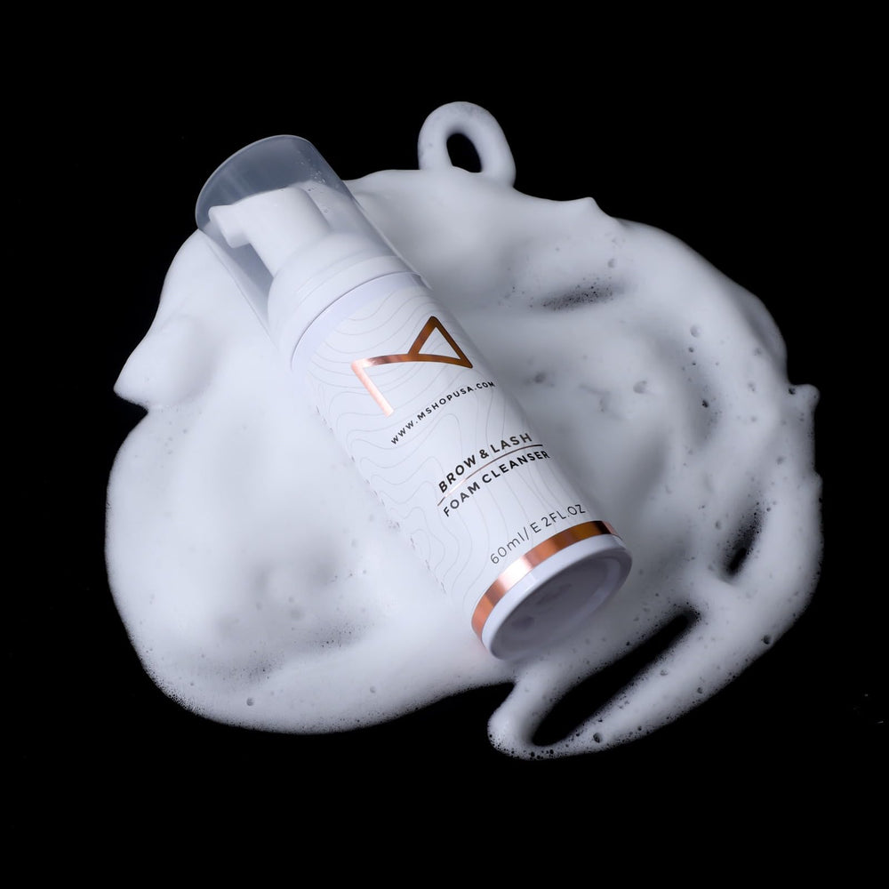 M PMU brow and lash foam cleanser bottle closeup showing clean bottle