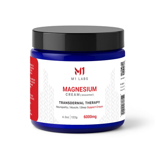 M1 Labs magnesium cream jar unscented 4.3 oz ready for daily use and hydration.