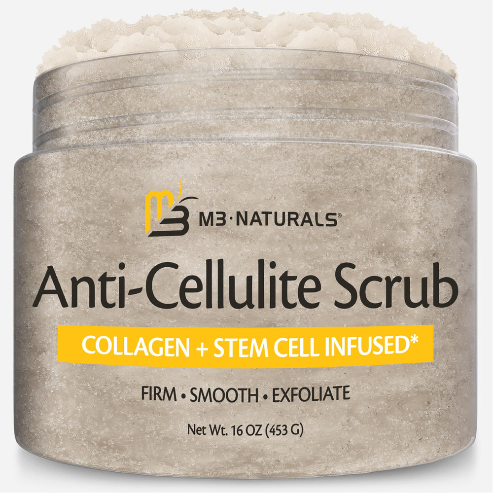 M3 Naturals anti-cellulite scrub bottle for gentle exfoliation and smoother skin.