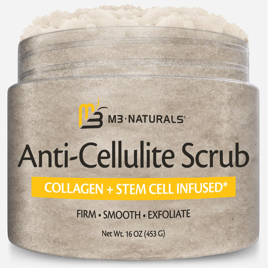 M3 Naturals anti-cellulite scrub bottle for gentle exfoliation and smoother skin.