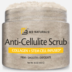 M3 Naturals anti-cellulite scrub bottle for gentle exfoliation and smoother skin.