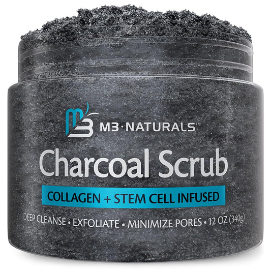 M3 Naturals charcoal scrub bottle for spa-like body and face exfoliation