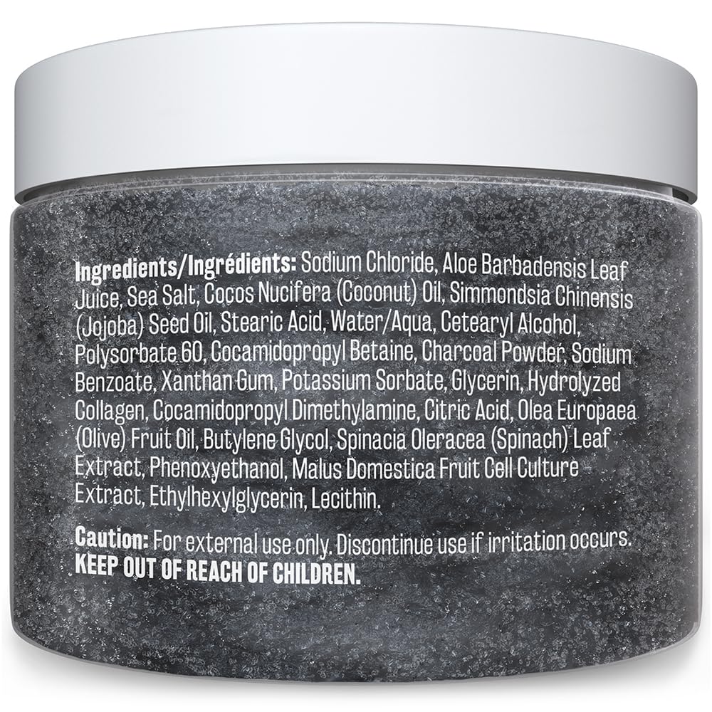 Open jar close-up showing textured scrub for pores and glow