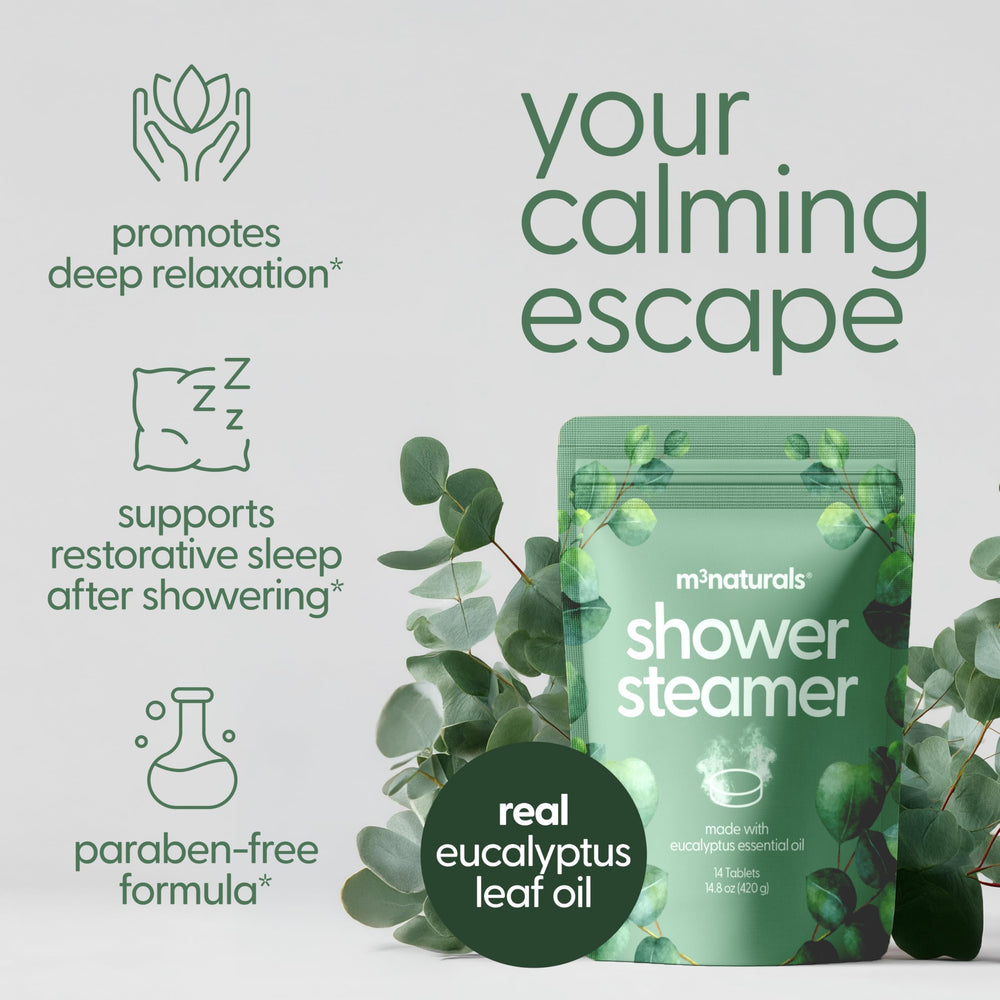 M3 Naturals eucalyptus shower steamer tablet close-up highlighting vibrant aroma
