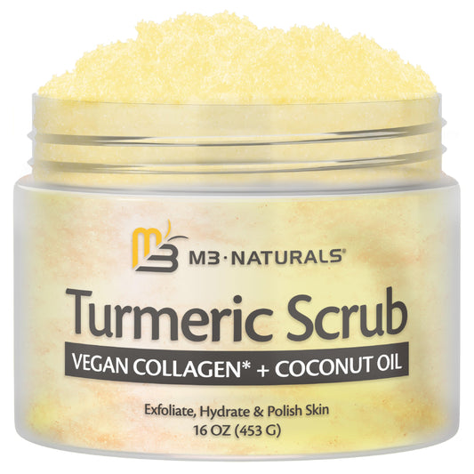 M3 Naturals turmeric scrub jar closeup shows exfoliating texture for smoother skin