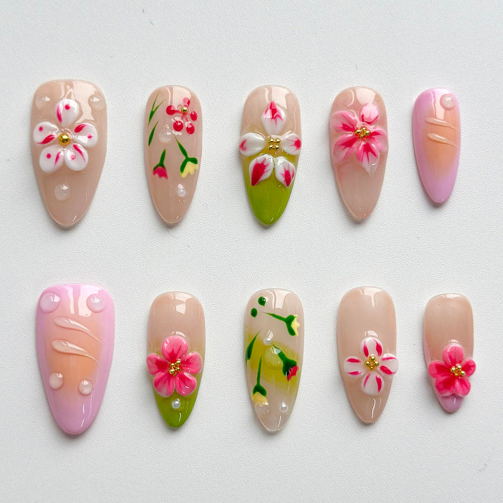 MABKJLF medium almond nails featuring a 3D design for added dimension.