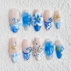 MABKJLF luxury press-on nails in medium almond shape with blue French tip for salon-like at-home manicure