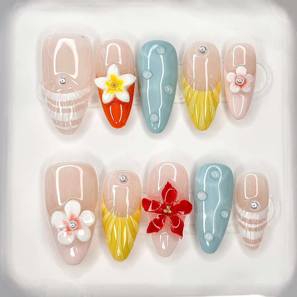 MABKJLF almond nails with floral art for chic daytime style.