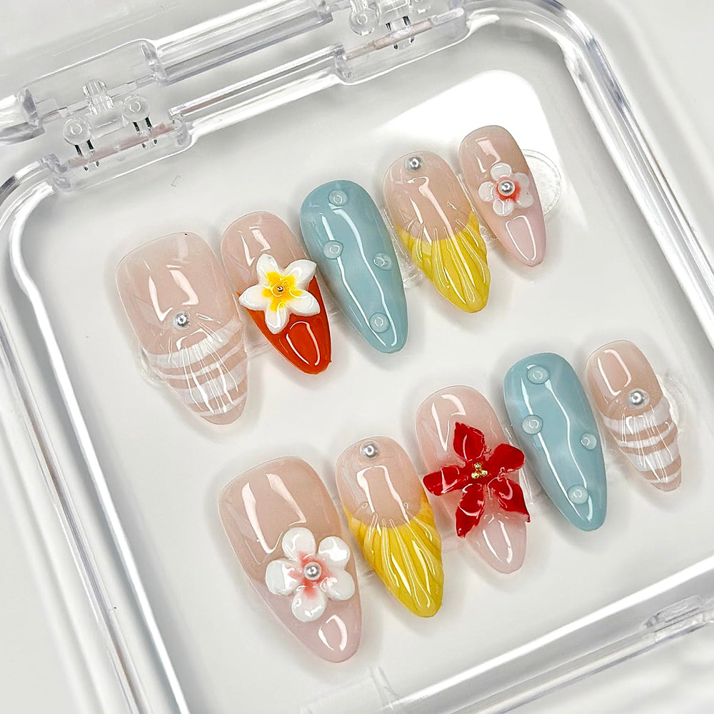 MABKJLF almond French tip nails with petal gloss for a glossy finish.