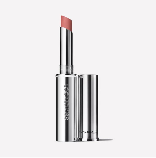 MAC Locked Kiss 24 Hour Lipstick 61 Mischief swatch shows rich matte color.