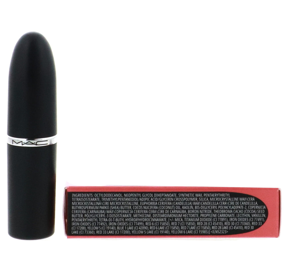 MAC M·A·CXIMAL Flamingo lipstick close-up reveals full-coverage shade