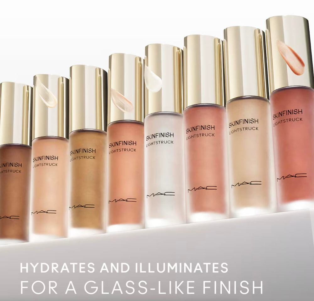 All-over luminous finish by blending MAC Lightstruck with foundation