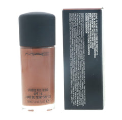 MAC Studio Fix Fluid Foundation NW50 packaging highlighting SPF15 protection and travel-friendly design.