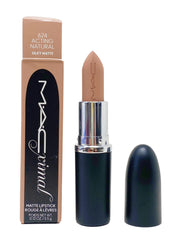 MAC Ximal Silky Matte Lipstick 624 Acting Natural front view shows warm nude beige for everyday lips.