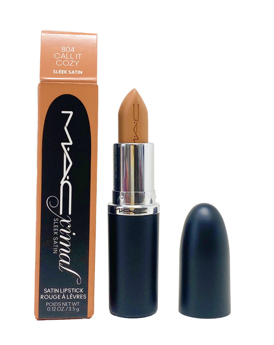 MAC Ximal Sleek Satin Lipstick packaging displays caramel Call It Cozy shade for everyday wear.