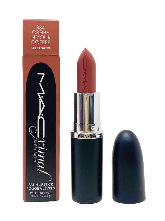 MAC Ximal Sleek Satin Lipstick Creme In Your Coffee tube shows midtone pink-brown shade