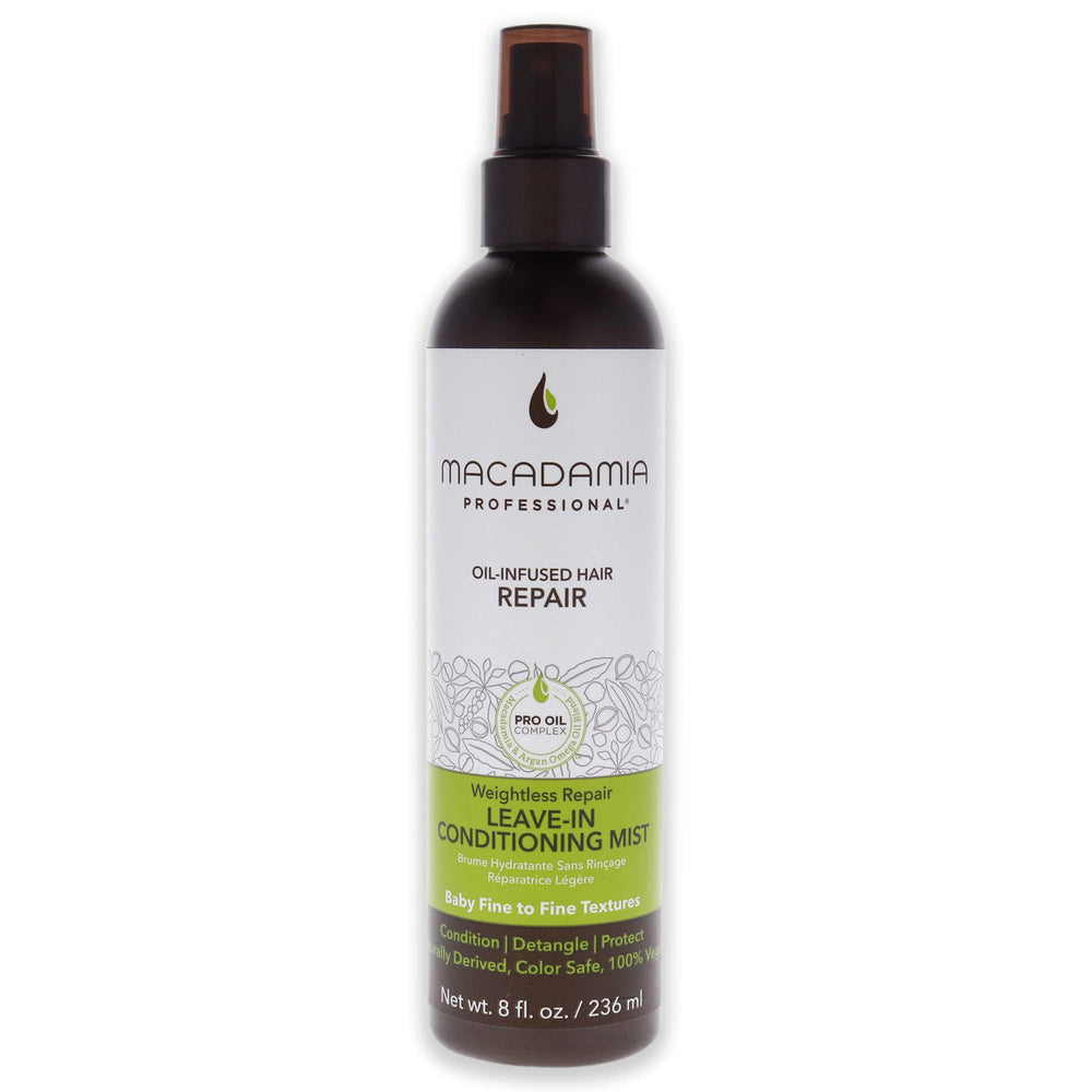 Macadamia Professional Pecan Leave-In Mist bottle showing lightweight conditioning for fine hair
