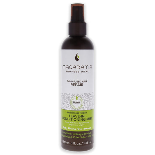 Macadamia Professional Pecan Leave-In Mist bottle showing lightweight conditioning for fine hair