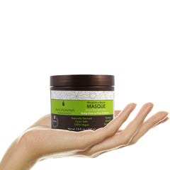 Macadamia Professional Weightless Repair Masque on shelf signals all-hair-types suitability.