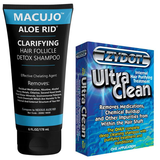 Macujo Aloe Rid Detox Shampoo bottle shown for deep cleansing and residue removal