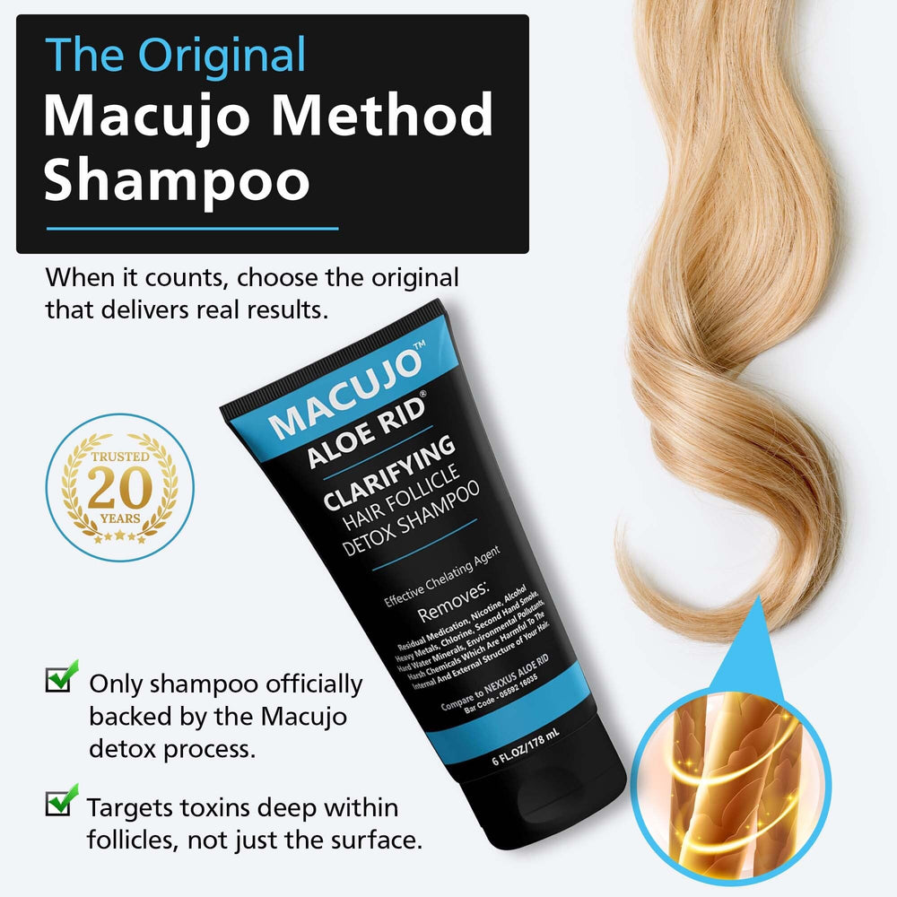 Macujo Aloe Rid detox shampoo packaging emphasizing deep cleansing benefits