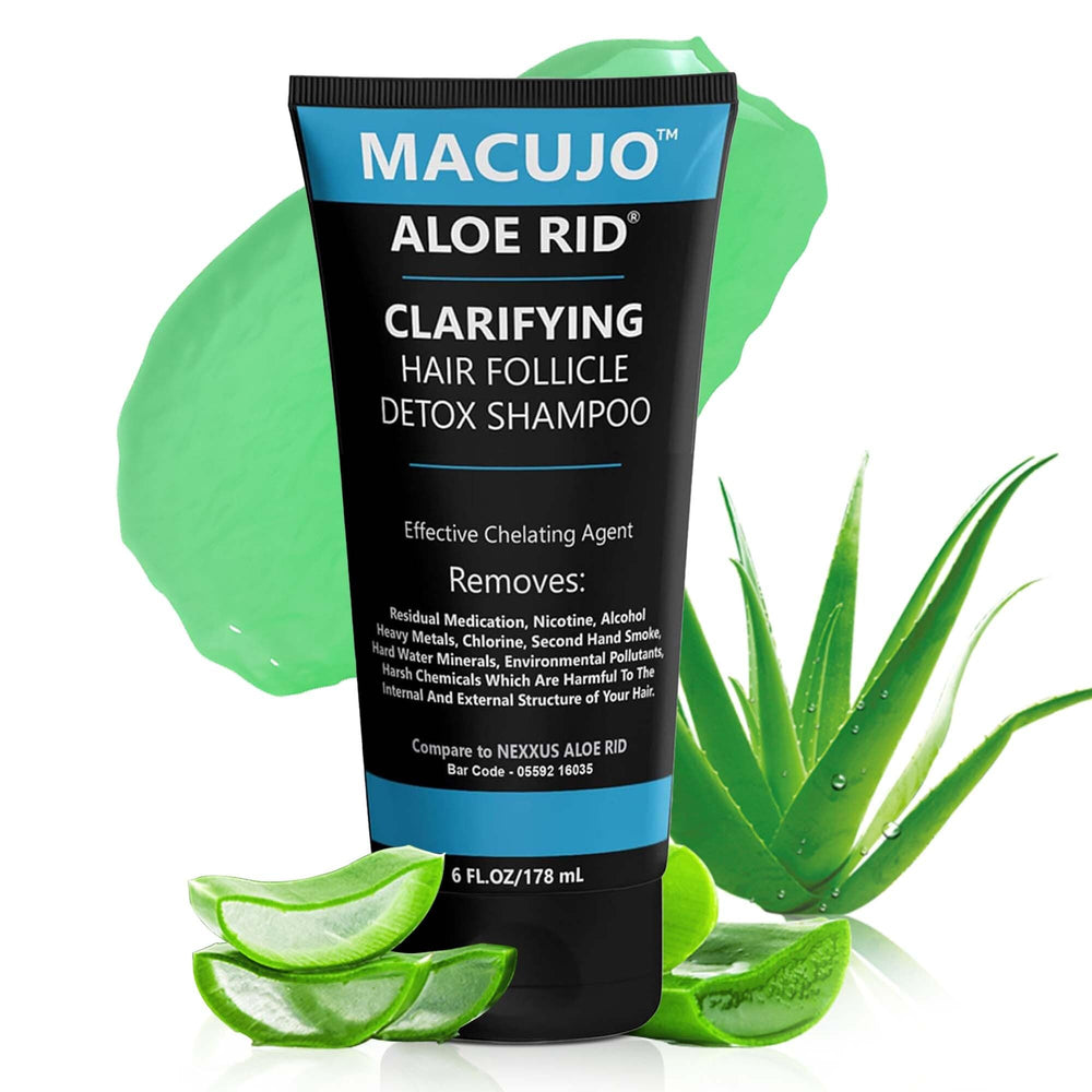Macujo Aloe Rid detox shampoo bottle detail showing propylene glycol relevance for cleansing