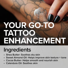 Mad Rabbit Tattoo Balm application on skin delivers immediate smoothness and even color enhancement.