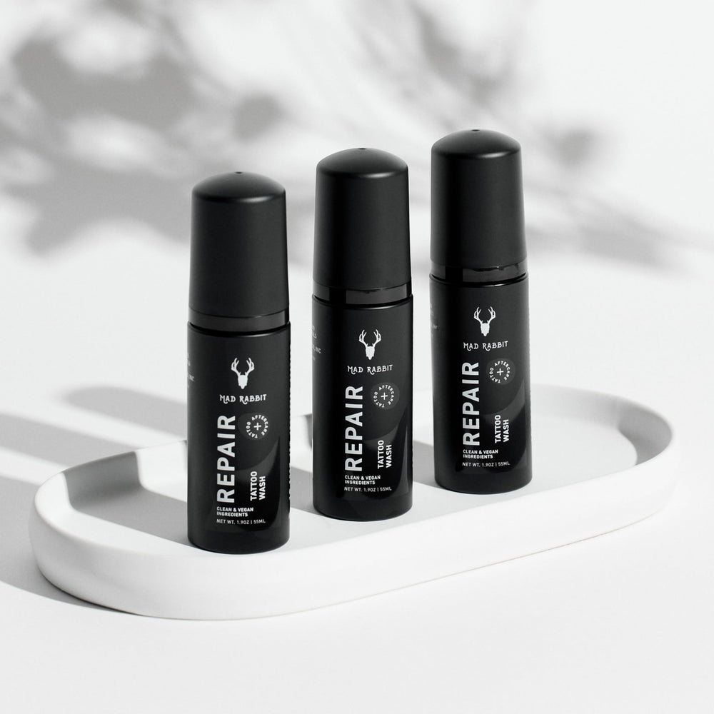 Mad Rabbit fragrance-free cleanse on skin, ideal for early tattoo recovery.