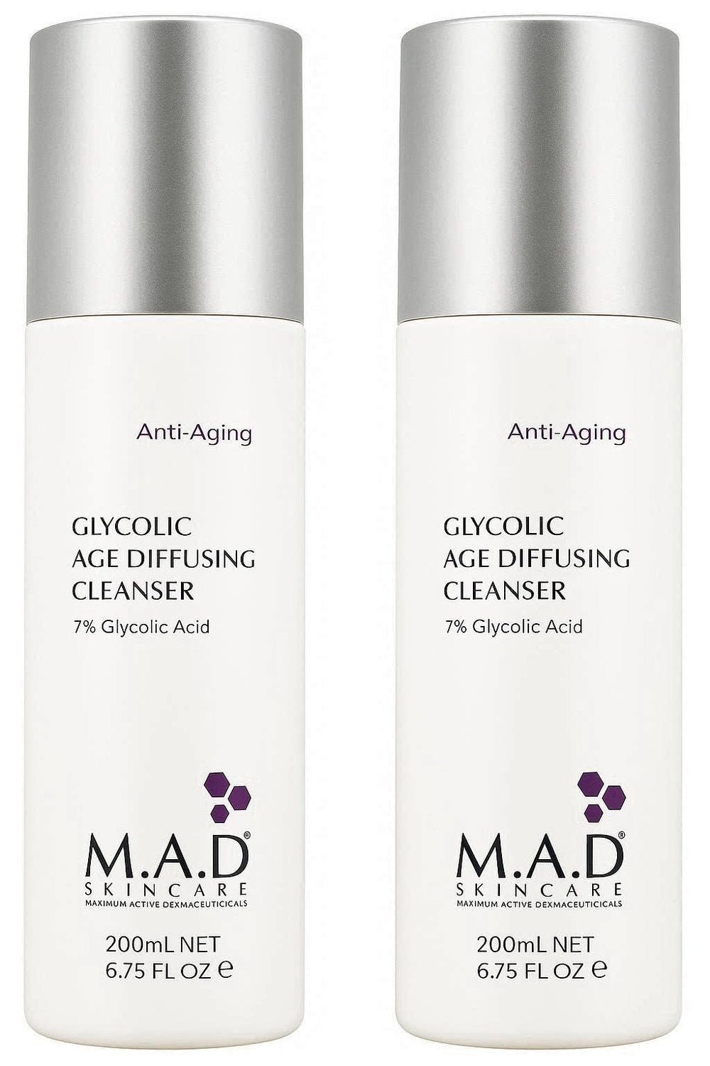 M.A.D Skincare anti-aging glycolic cleanser bottle 2-pack for gentle exfoliation and radiant skin.