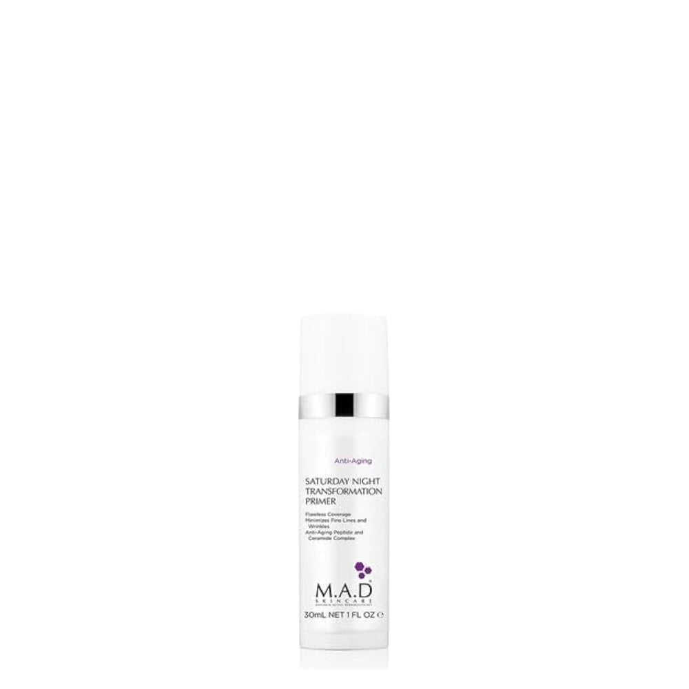 M.A.D Skincare Anti-Aging Saturday Night Primer ceramide bottle for hydrating, even-toned skin.