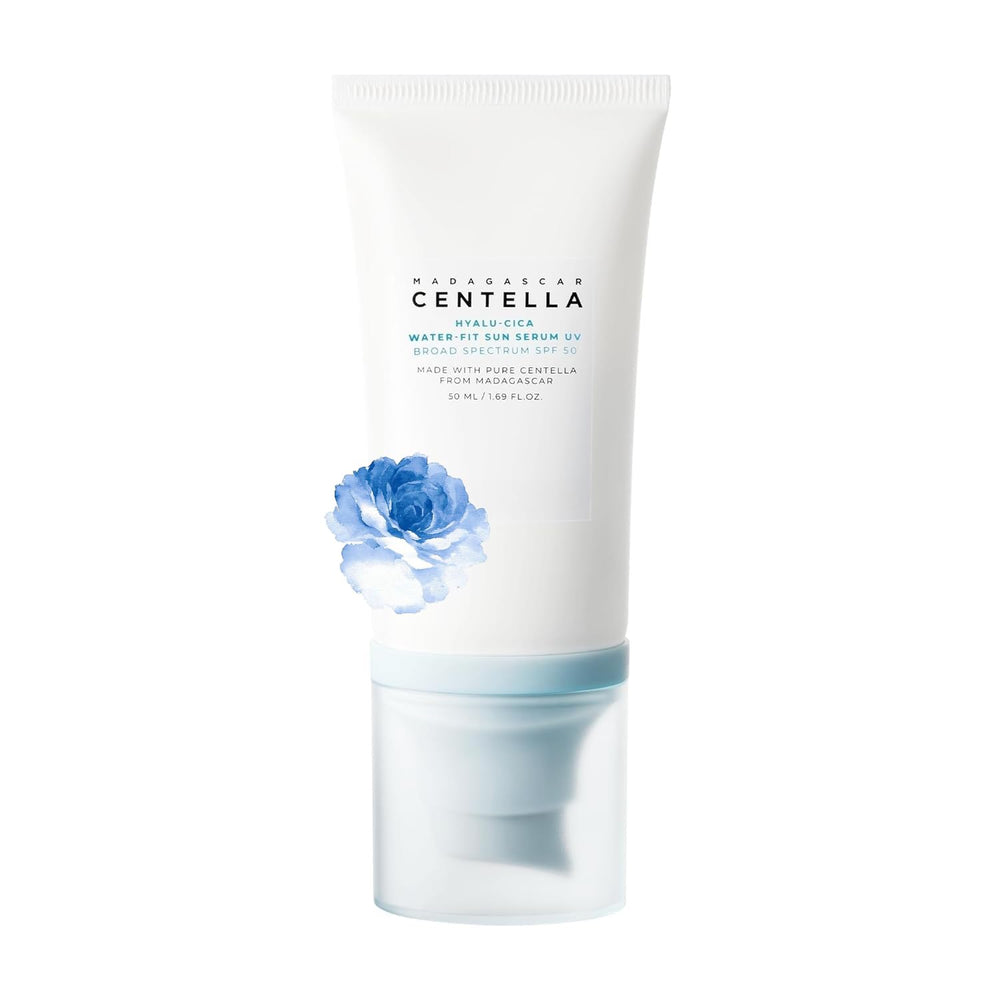 Madagascar Centella Hyalu-Cica Water-Fit Sun Serum bottle pour—hydrating action