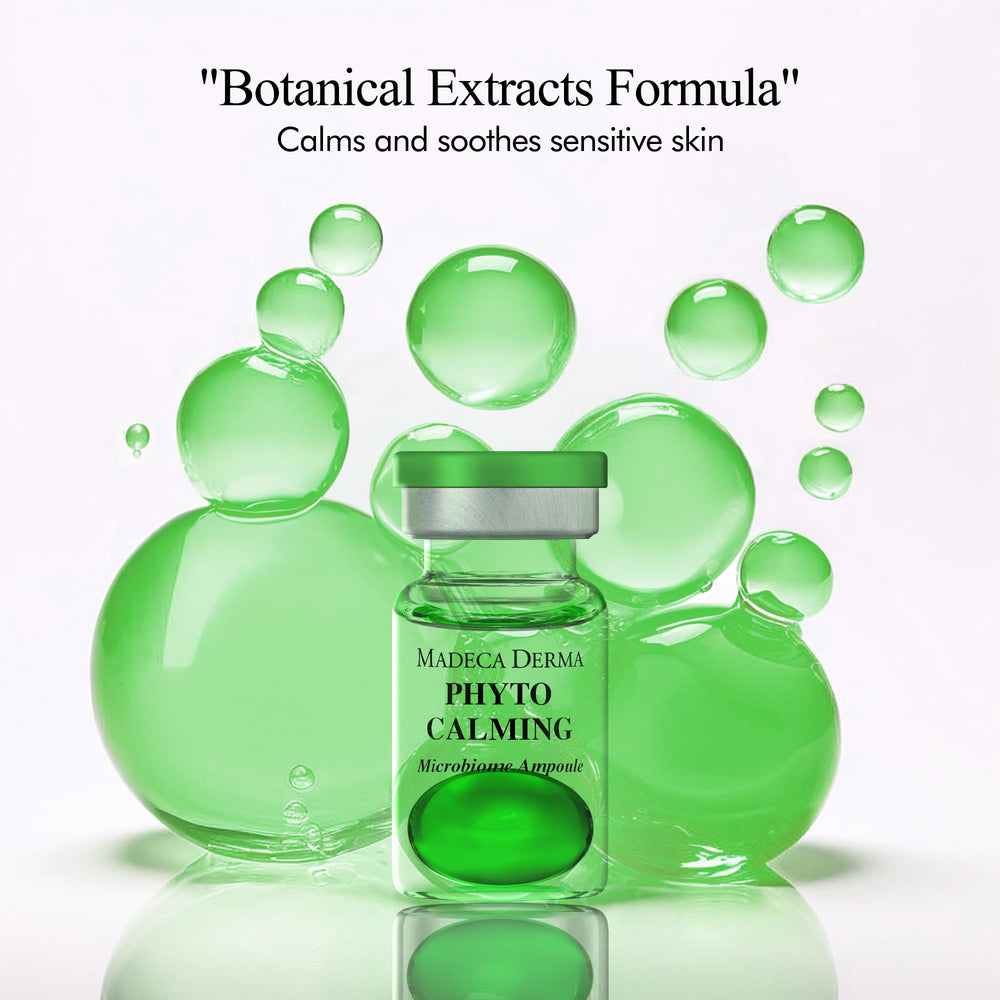 Madeca Derma Phyto-Calming ampoule drop close-up highlighting hyaluronic acid hydration.