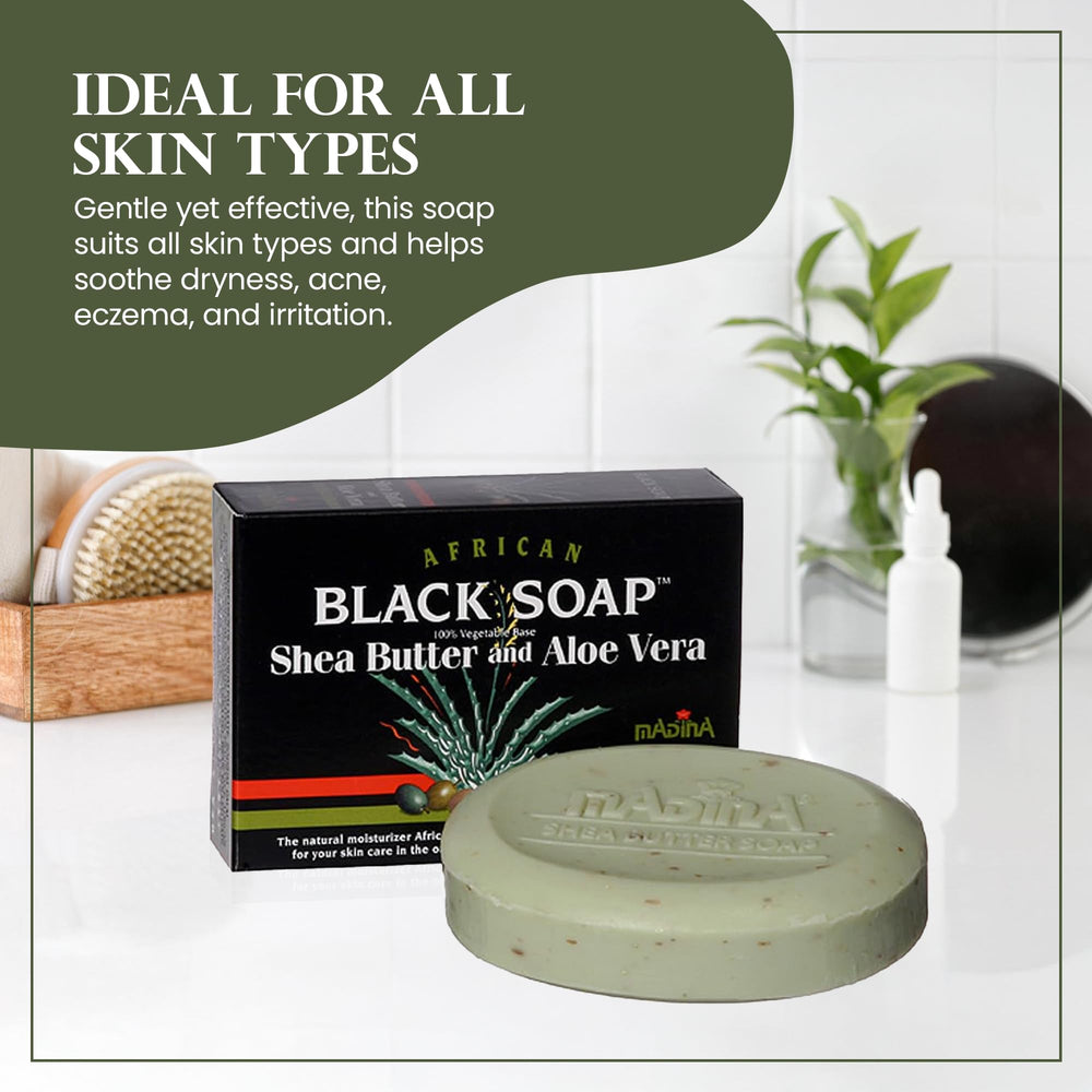 Six-pack display of Madina African Black Soap Bar for family use