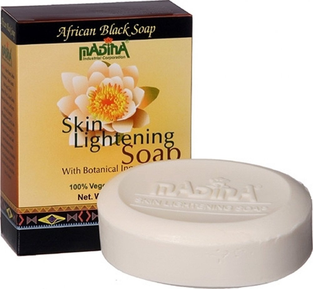 Madina Skin Lightening bar close-up with cocoa butter for nourished skin.