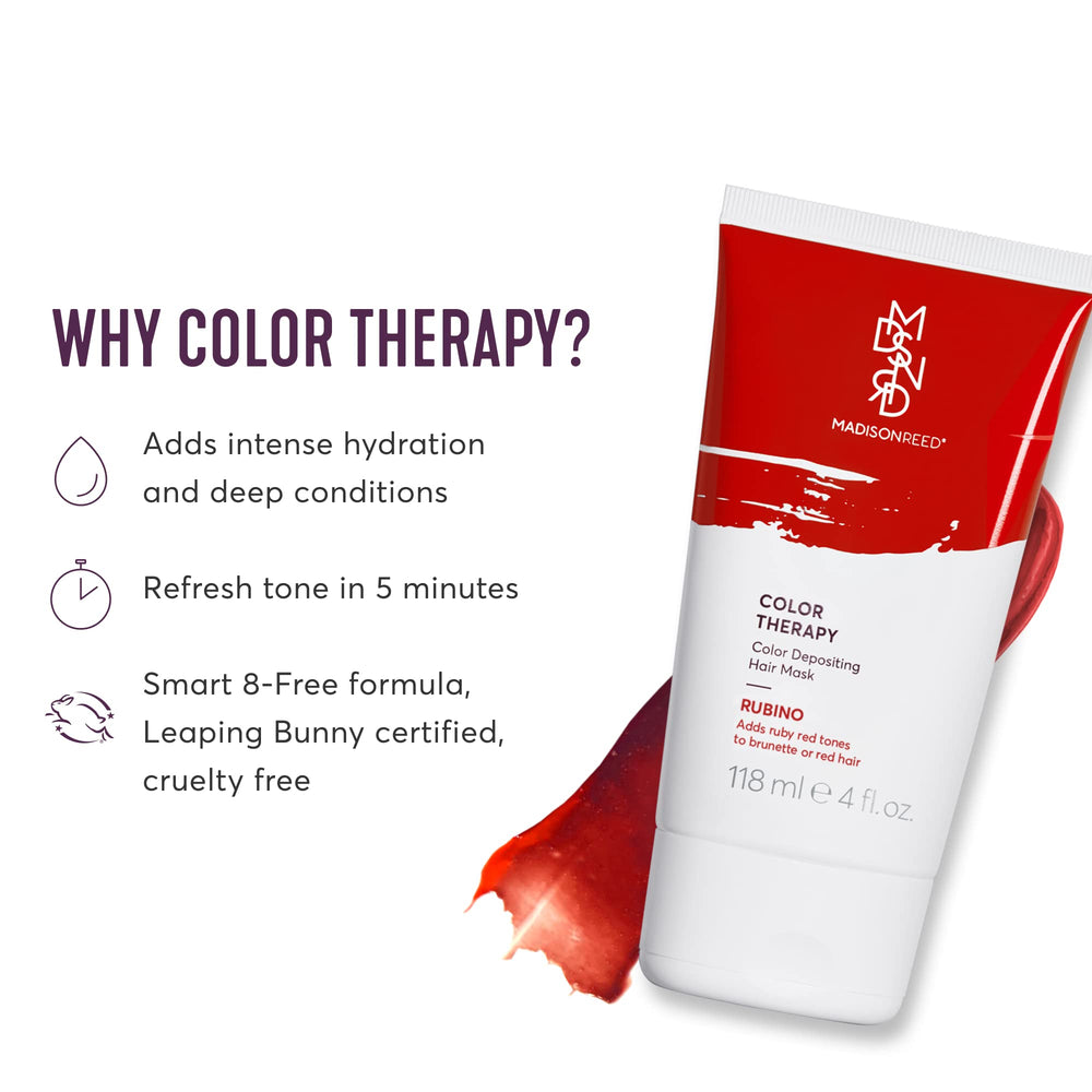 Closeup of Madison Reed Color Therapy Rubino tube highlighting nourishing keratin formula.